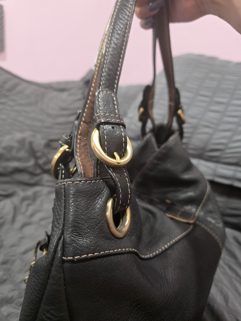 Luce Black Pebbled Leather Shoulder Bag with Decorative Medallion Accent - Picture 5 of 13